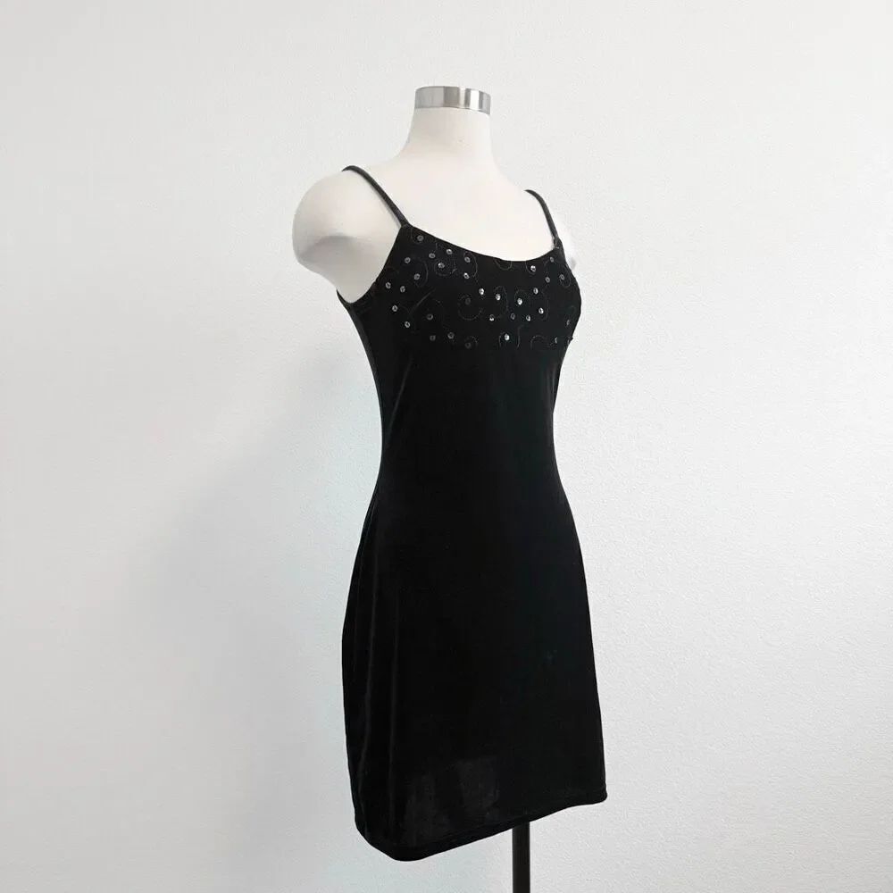 Jessica McClintock Gunne Sax Blue Velvet Mini Dress Beaded Floral Small 7/8